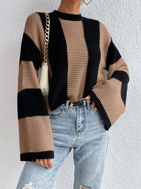 Flared Sleeves Contrast Color Striped Round-Neck Pullovers Sweater Tops