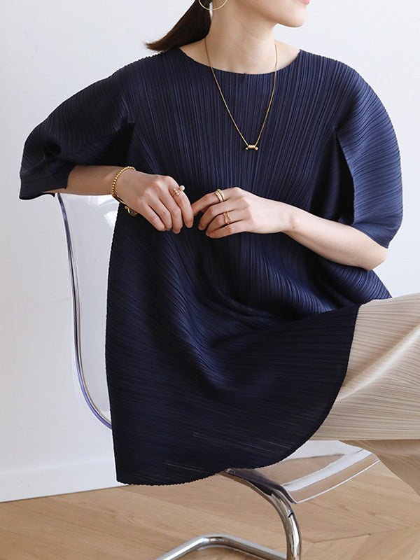 Simple Loose Long Sleeves Tied Pleated Solid Color Round-Neck T-Shirts Tops