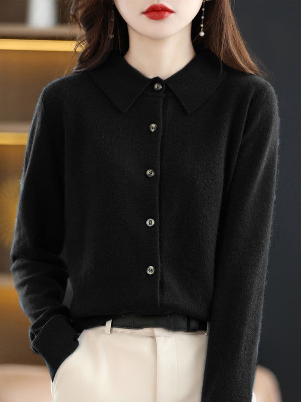 Casual Loose Long Sleeves Buttoned Solid Color Lapel Collar Cardigan Tops