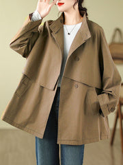 Long Sleeves Loose Asymmetric Buttoned Pockets Solid Color Split-Joint Stand Collar Outerwear Trench Coats