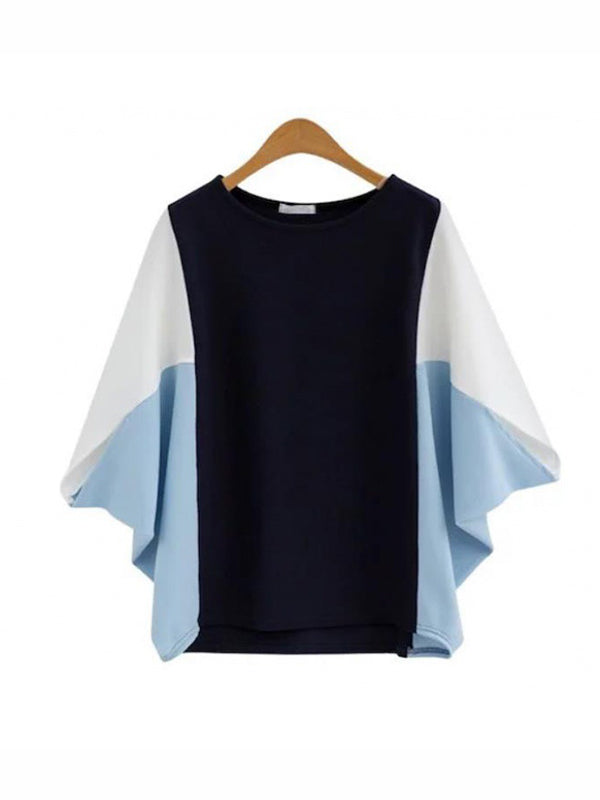 Batwing Sleeves Loose Contrast Color Split-Joint Round-Neck T-Shirts Tops