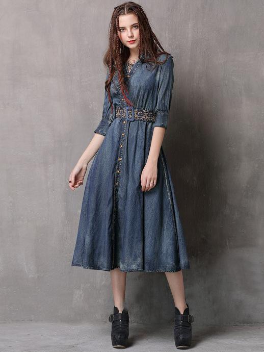 Vintage Embroidered Cropped Denim Dress