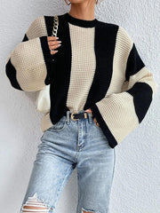 Flared Sleeves Contrast Color Striped Round-Neck Pullovers Sweater Tops