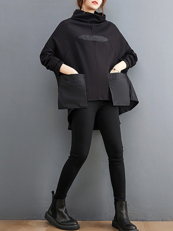 Casual Loose Split-Joint High-Neck Long Batwing Sleeves T-Shirt