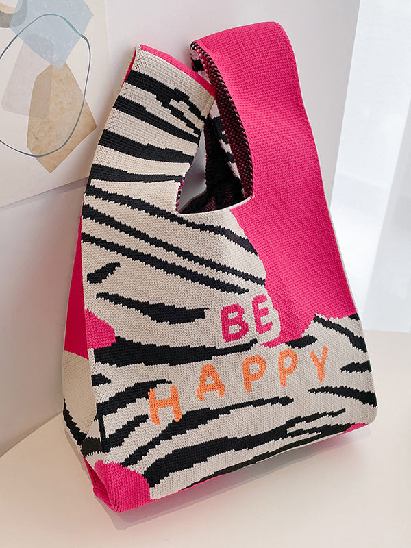 Letter Print Zebra-Stripe Bags Woven Handbag