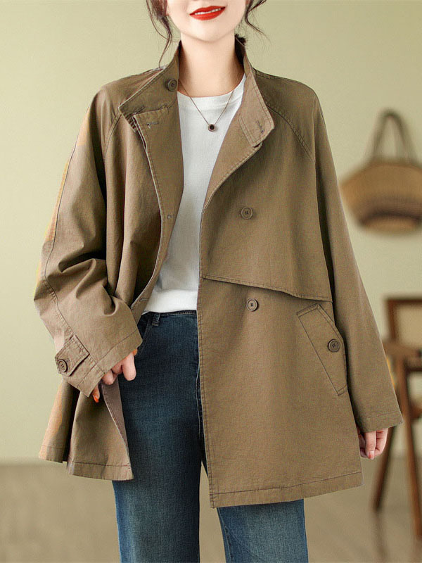 Long Sleeves Loose Asymmetric Buttoned Pockets Solid Color Split-Joint Stand Collar Outerwear Trench Coats