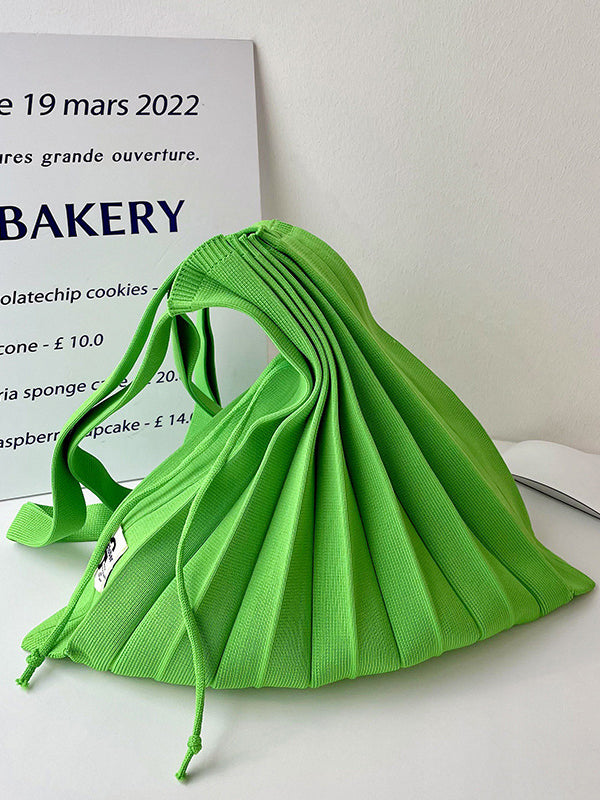 Pleated Solid Color Woven Handbag