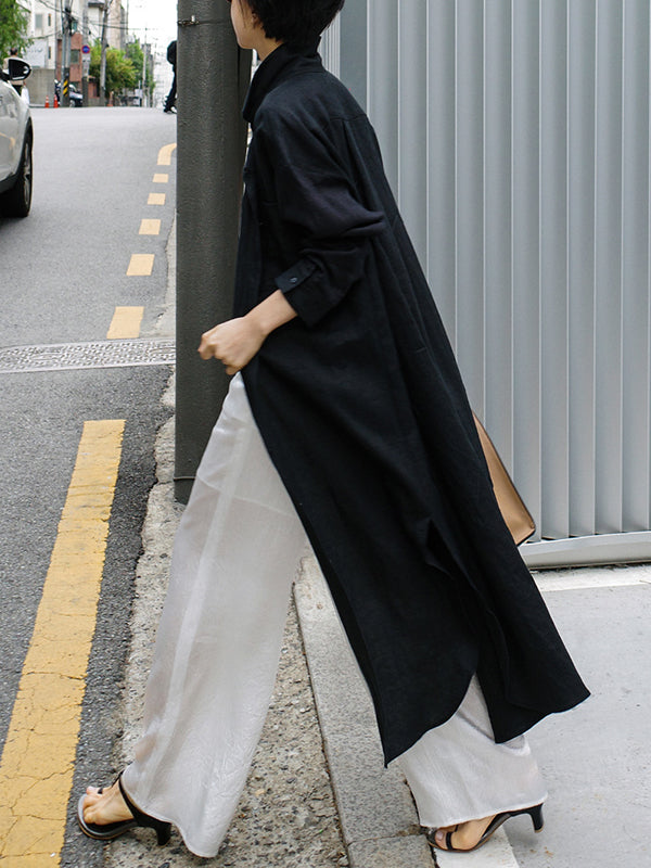 Vestido camisero sencillo de manga larga con abertura en los lados y solapa de color liso 