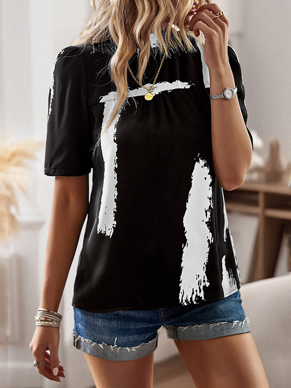 Loose Short Sleeves Printed Split-Joint Mock Neck T-Shirts Tops