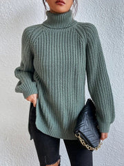 Long Sleeves Loose Solid Color Split-Side High Neck Pullovers Sweater Tops