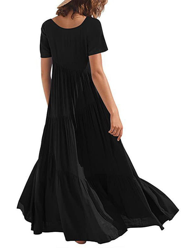 Casual Short Sleeves Loose Solid Color Round-Neck Maxi Dresses