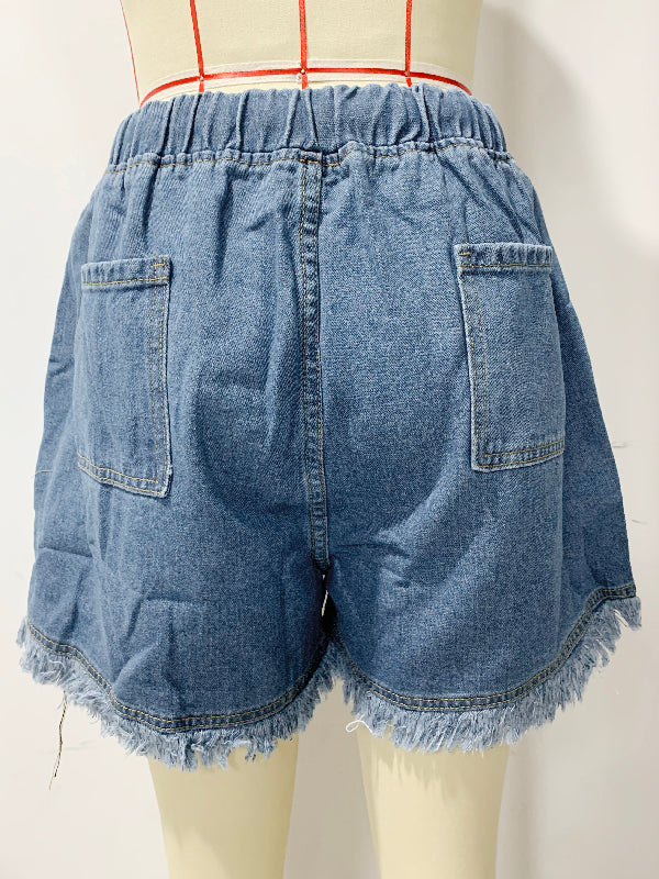 10 Colors Casual Drawstring High Waisted Denim Fringed Shorts