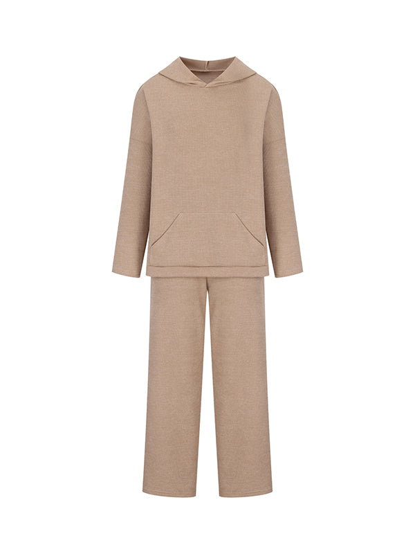 Loose Solid Color Round-Neck Hooded Long Sleeves Sweater Top + Drawstring Pants Bottom Two Pieces Set