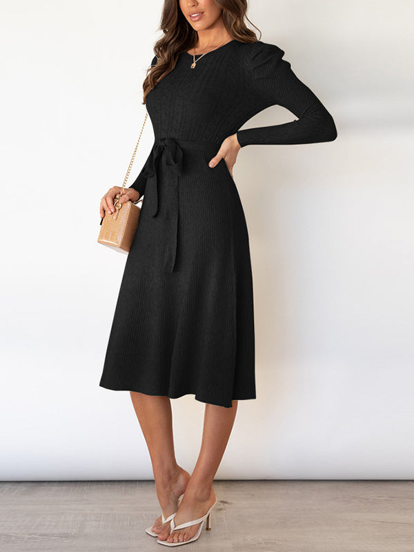 High Waisted Long Sleeves Solid Color Tied Waist Round-Neck Midi Dresses Sweater Dresses