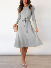 High Waisted Long Sleeves Solid Color Tied Waist Round-Neck Midi Dresses Sweater Dresses