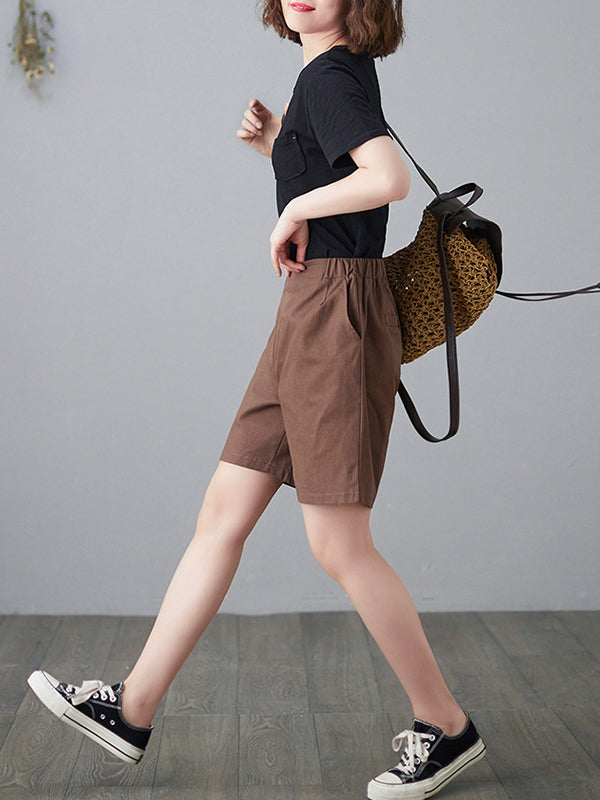 Simple Loose Casual Solid Color Linen Wide Leg Shorts