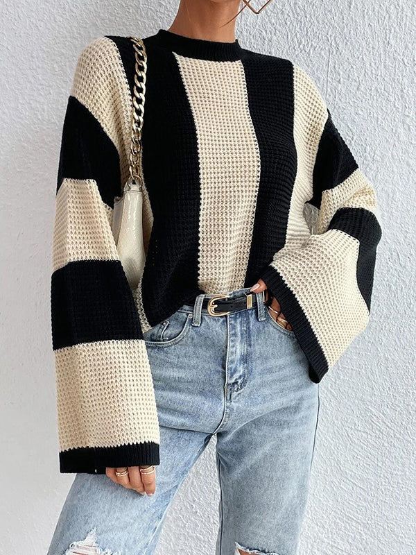 Flared Sleeves Contrast Color Striped Round-Neck Pullovers Sweater Tops