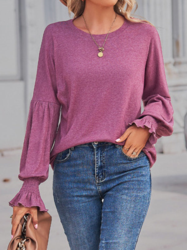 Flared Sleeves Long Sleeves Elasticity Solid Color Round-Neck T-Shirts Tops