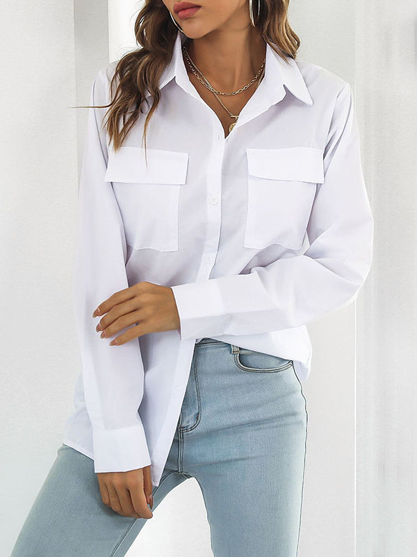 Long Sleeves Loose Solid Color Split-Joint Lapel Blouses