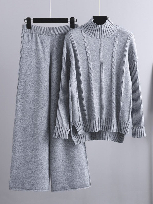 Loose Long Sleeves Split-Side Solid High-Low Half Turtleneck Sweater Tops & Wide Leg Pants Two Pieces Set