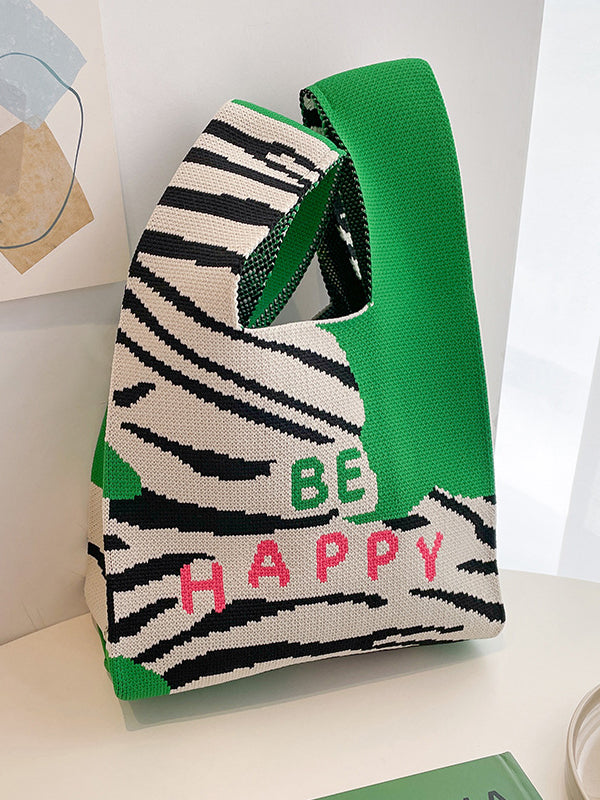 Letter Print Zebra-Stripe Bags Woven Handbag