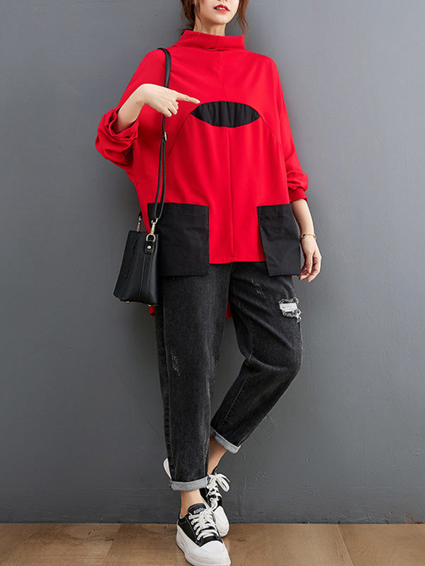 Casual Loose Split-Joint High-Neck Long Batwing Sleeves T-Shirt