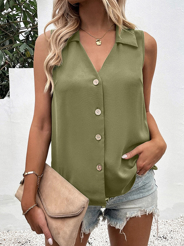 Loose Sleeveless Buttoned Solid Color Split-Joint V-Neck Vest Top