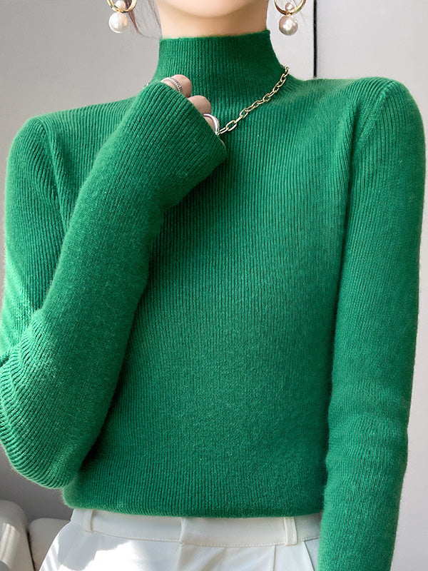 Casual Skinny Long Sleeves Solid Color Half Turtleneck Sweater Tops