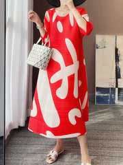 Loose Three-Quarter Sleeves Pleated Printed Round-Neck Midi Dresses