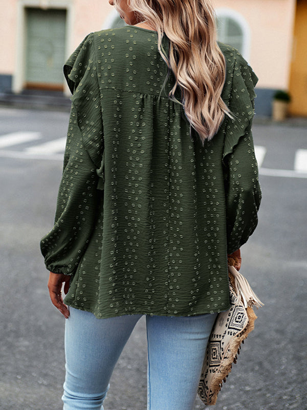 Loose Puff Sleeves Hollow Jacquard Solid Color Split-Joint Round-Neck T-Shirts