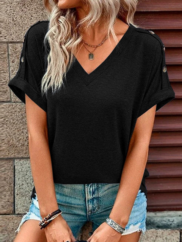 Loose Short Sleeves Buttoned Solid Color V-Neck T-Shirts Tops