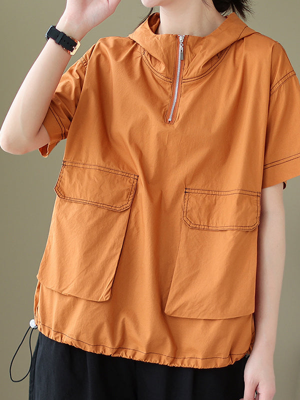 Loose Short Sleeves Zipper Hooded T-Shirts Tops