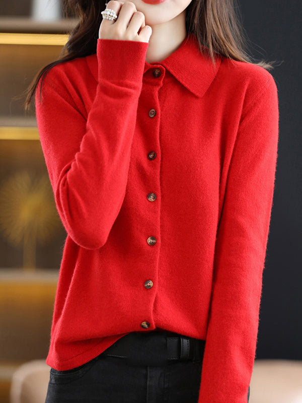 Casual Loose Long Sleeves Buttoned Solid Color Lapel Collar Cardigan Tops