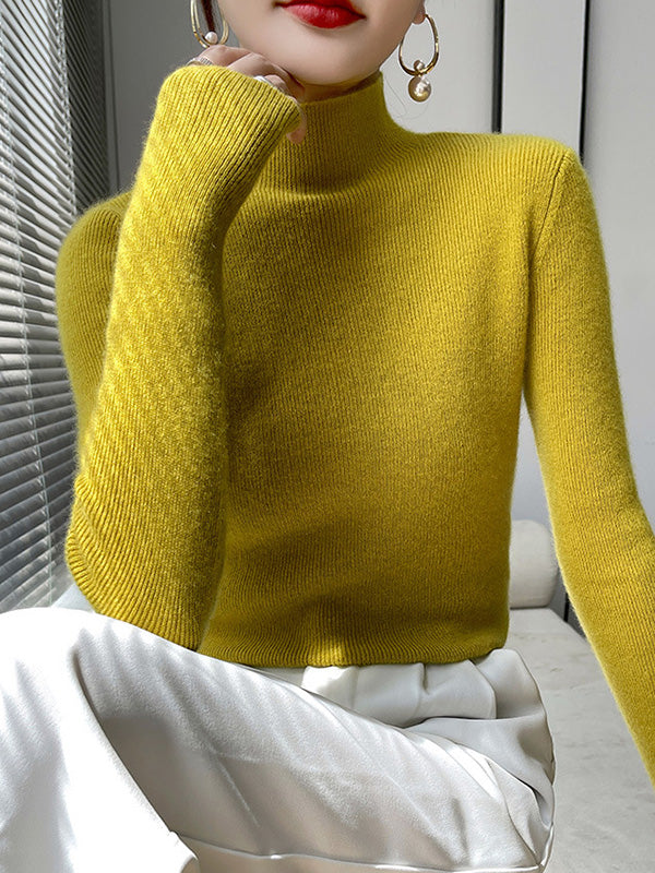 Casual Skinny Long Sleeves Solid Color Half Turtleneck Sweater Tops