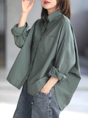 High-Low Long Sleeves Solid Color Lapel Blouses&Shirts Tops