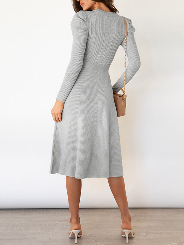 High Waisted Long Sleeves Solid Color Tied Waist Round-Neck Midi Dresses Sweater Dresses