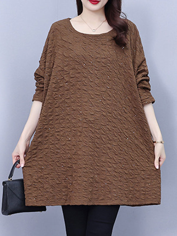 A-Line Long Sleeves Solid Color Round-Neck T-Shirts Tops