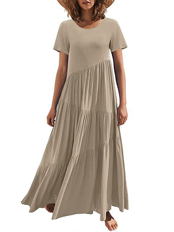 Casual Short Sleeves Loose Solid Color Round-Neck Maxi Dresses