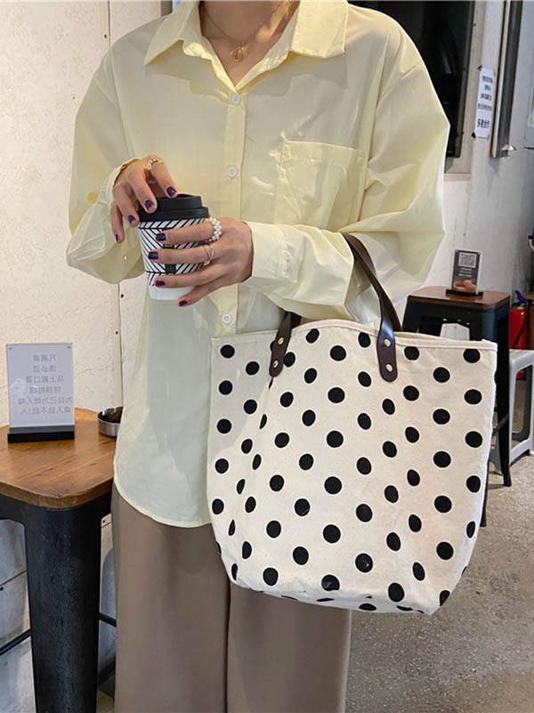 Vintage Canvas Polka-Dot Printed Makeup Tote Bag Bucket Bag