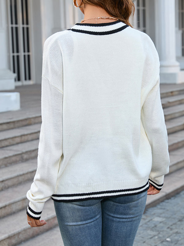 Long Sleeves Loose Contrast Color Split-Joint V-Neck Cardigan Tops