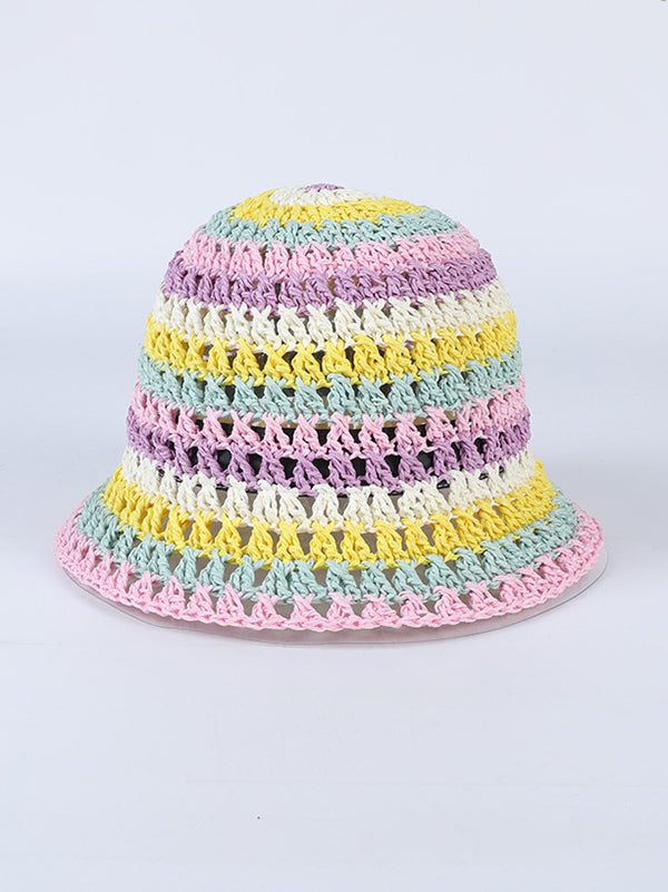 Sun-Protection Contrast Color Hollow Short Brim Woven Fisherman Hat Hats&Caps