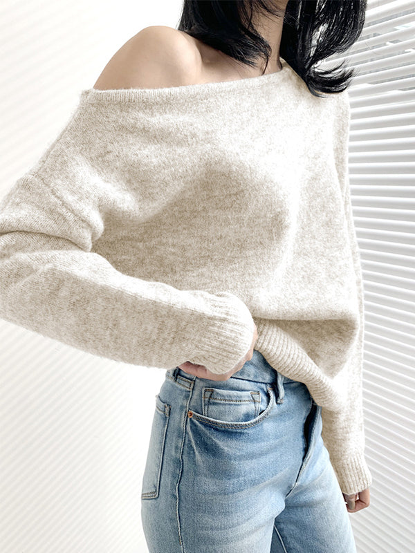 Casual Loose Long Sleeves Solid Color Off-The-Shoulder Sweater Tops