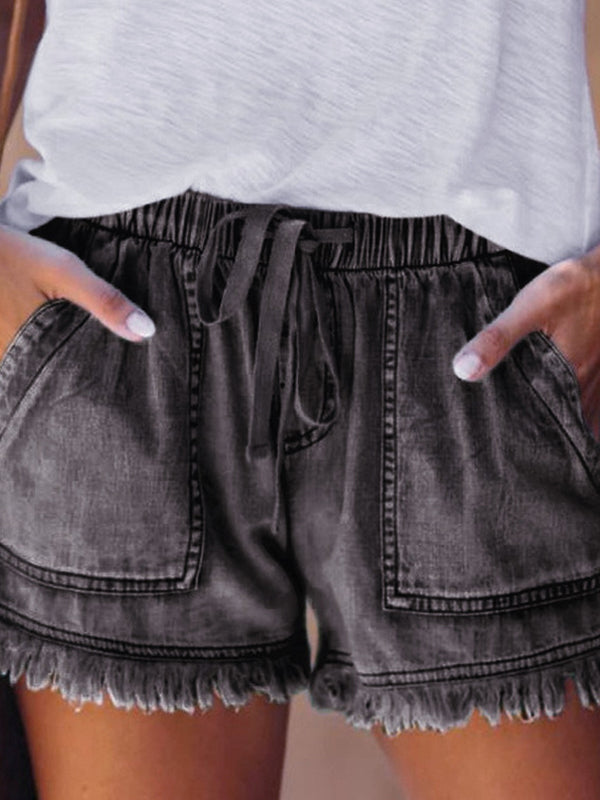 10 Colors Casual Drawstring High Waisted Denim Fringed Shorts