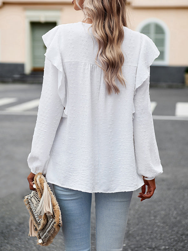 Loose Puff Sleeves Hollow Jacquard Solid Color Split-Joint Round-Neck T-Shirts