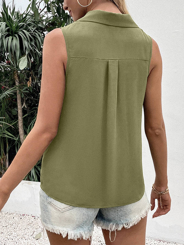 Loose Sleeveless Buttoned Solid Color Split-Joint V-Neck Vest Top