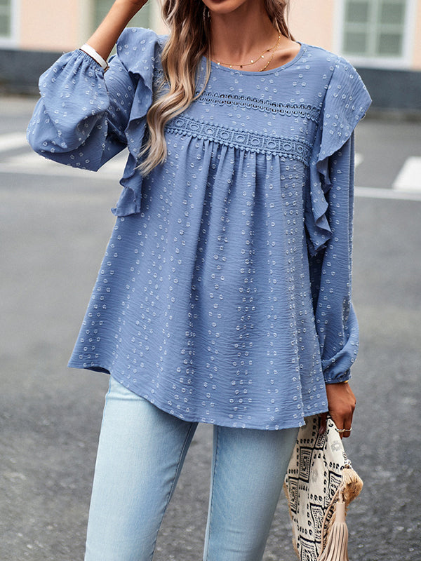 Loose Puff Sleeves Hollow Jacquard Solid Color Split-Joint Round-Neck T-Shirts