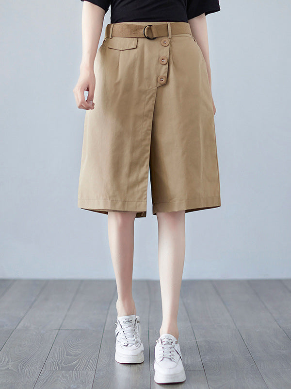 Artistic Retro Solid Color Wide Legs Belted High-Waisted Shorts