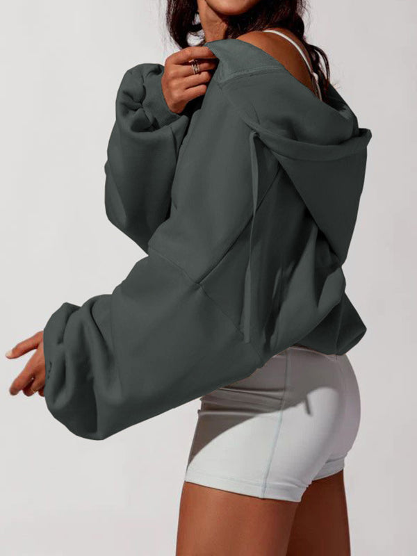 Hooded Long Sleeves Drawstring Pockets Solid Color Zipper Jackets Outerwear