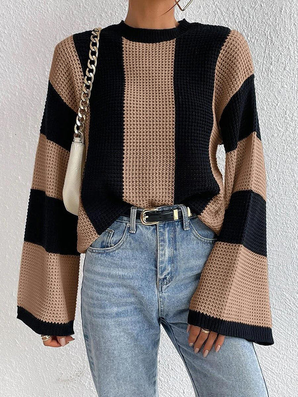 Flared Sleeves Contrast Color Striped Round-Neck Pullovers Sweater Tops