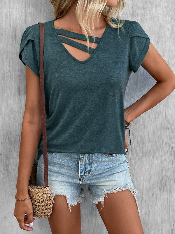 Loose Short Sleeves Solid Color V-Neck T-Shirts Tops